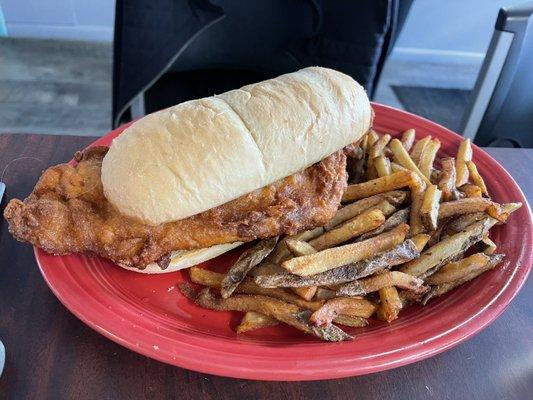 Monster fish sandwich with fries