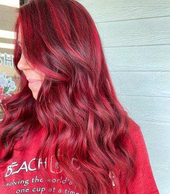 Artist Cameron- like who doesn't want a red hue balayage & layered cut ?