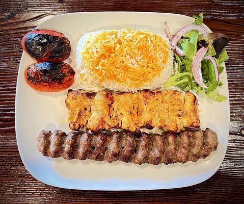 Combo of (Koobideh) Ground Beef and Chicken Tender Kabob