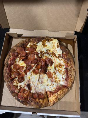 Supposed to be half cheese half pepperoni