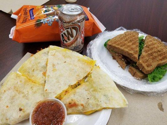 Delicious veggie quesadilla and bacon blt