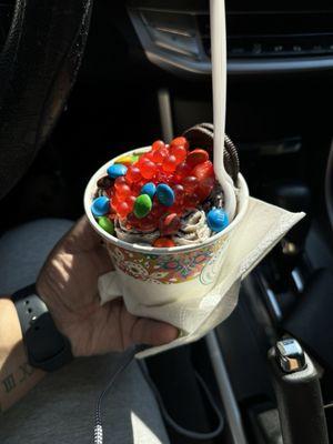 Cookies & Cream with strawberries, strawberry boba & m&m's.