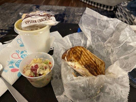 Dan 's Chicken Dumpling soup, Grilled Rachel - Reuben 's cousin, an dill potato salad. Yumm!!