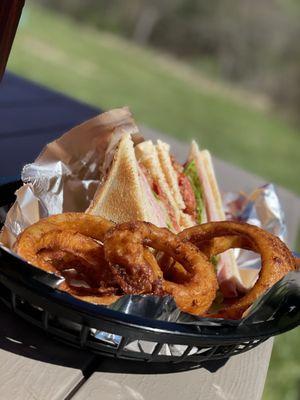 Club sandwich and awesome onion rings.