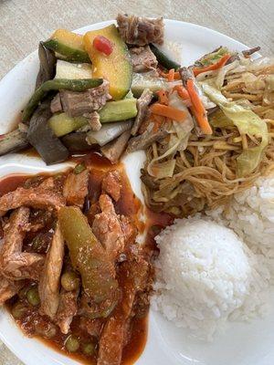 Pork Gisantes, Pinakbet, and  Pancit Mixed Plate