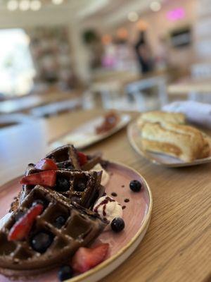 Ube Waffle paired with eggs and bacon!