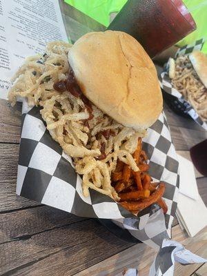 Beach Burger  Cheddar, bacon jam, breaded jalapeños & onion straws, BBQ sauce lettuce and tomato