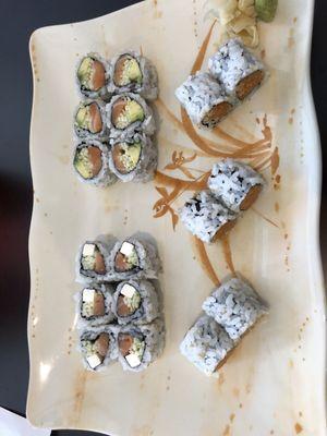 Alaska roll, Philadelphia roll, spicy tuna roll.