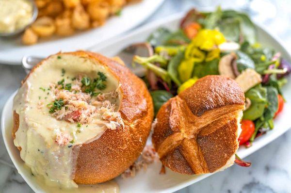 sourdough bread bowl with crab and salad