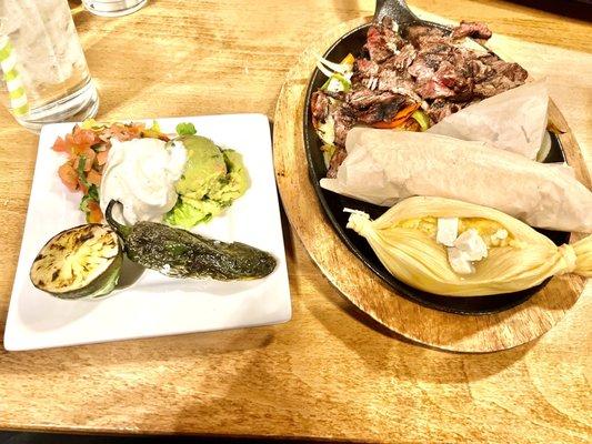 Steak fajitas and sweet corn tamal