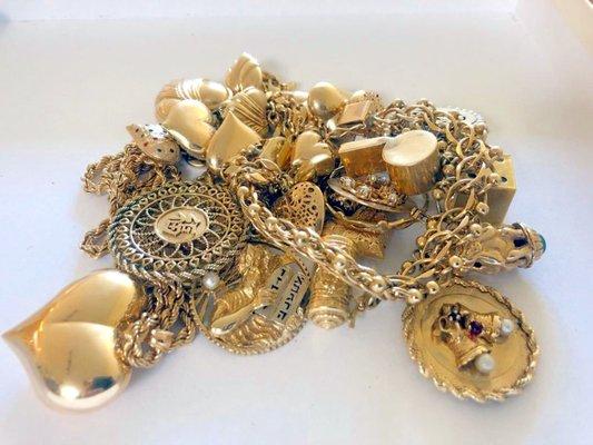 We buy old gold jewelry, rings, bracelets, necklaces.   Broken, damaged, or out of style !    Any purity from 10k 14k 18k 22k and 24k gold.