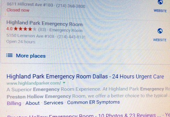 Google search: urgent care Preston Hollow & Highland Park Emergency Room Dallas-24 Hours Urgent Care pops up with the Preston Hollow address