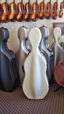 Cello cases at Tulsa Strings Violin Shop