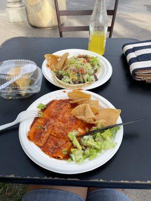 Cheese enchiladas, carne asada taco, and flan.