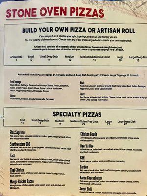 Pizza menu