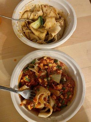 Chili oil noodle (top) & tomato egg noodle (bottom)