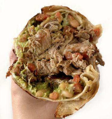 Crispy Flat Top Burrito w/ carnitas, pinto beans, jack cheese, guacamole, salsa, pico de gallo ($13.50)