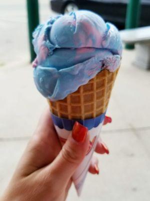 Cotton candy scoop in a waffle cone. Great for a hot day!