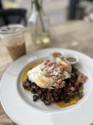 Huevos Rancheros with handmade tortillas (photobombed by a delightful hazelnut latte).