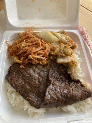 Bulgogi with kimchi, bean sprouts and rice.