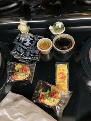 fortune cookies, sauces, and hot mustard (automatically included with meal)