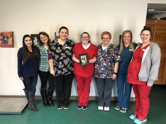 Our staff (L to R): Carynne, Caitlyn, Sonya, Emilea, Dr. Stacey Shore, Dr. Kiersten Wiley, Danielle. Pictured (literally): Colby