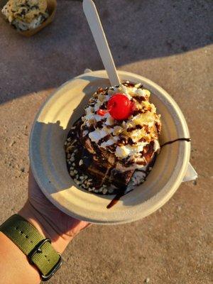 Brownie with cookies and cream, and all the toppings.