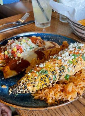 Seafood enchiladas with Mexican Corn