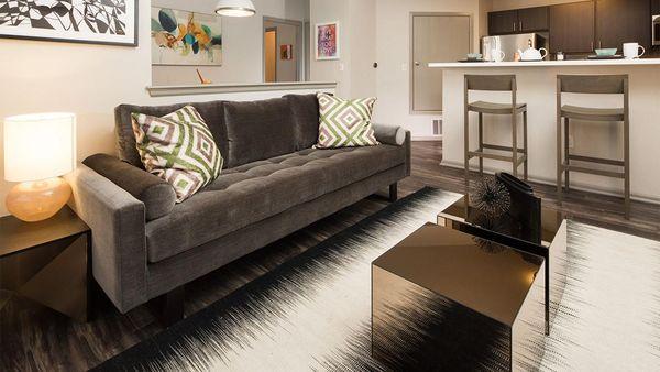 Apartment Living Room with wood floors.