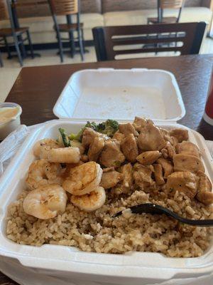 Fried Rice, with Broccoli, shrimp, and teriyaki chicken with yum yum sauce on the side