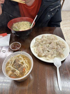 Sheep soup in plastic bowl (noodles taken from razor clam bowl).  Steamed shrimp wontons.  Razor clam and short ribs noodles soup.