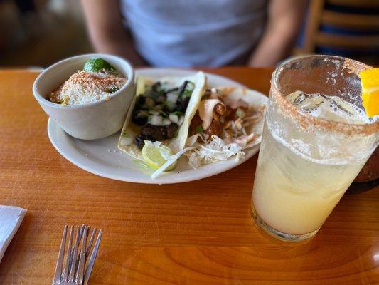 Street corn, Royal taco, and bangin shrimp taco