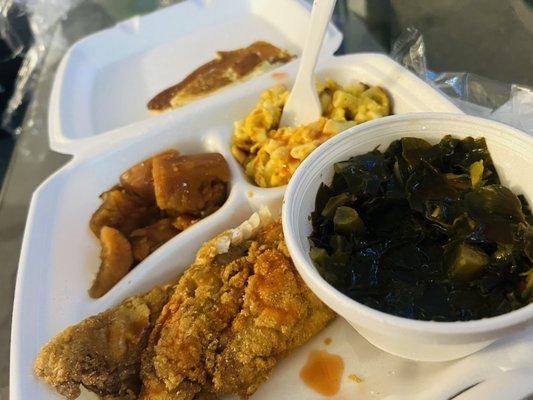 Whiting Dinner With Collards, Mac and Cheese and yams