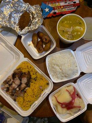 I ordered the large pernil combo with yellow rice, boiled Yuca con cebolla, Alcapuria de guineo, Platano Maduro, and large sancocho soup.