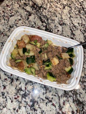 Pineapple Jerk Ground Turkey (jerk ground Turkey, red potato, zucchini, pineapple and jerk sauce). Super flavorful and healthy!