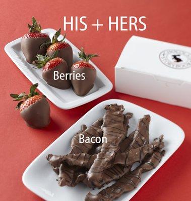 Chocolate covered strawberries and chocolate covered bacon for Valentine's Day