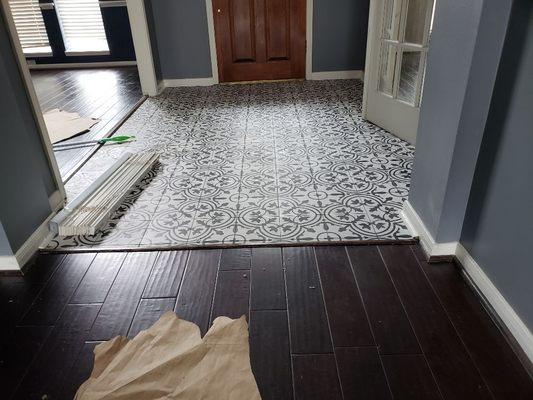 Wood Floors w/patterned porcelain tile