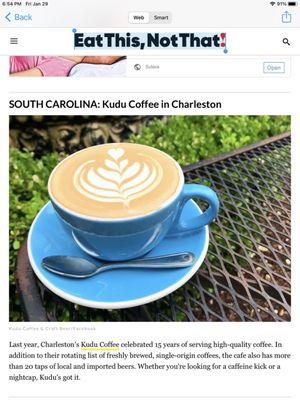 Best Coffee in South Carolina, see Tips for link to article 1/29