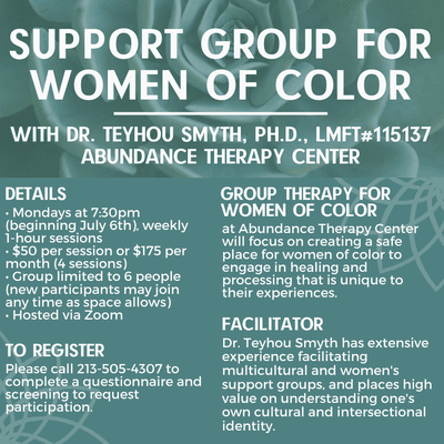 Support Group for women of color meets weekly. Contact us for more information!