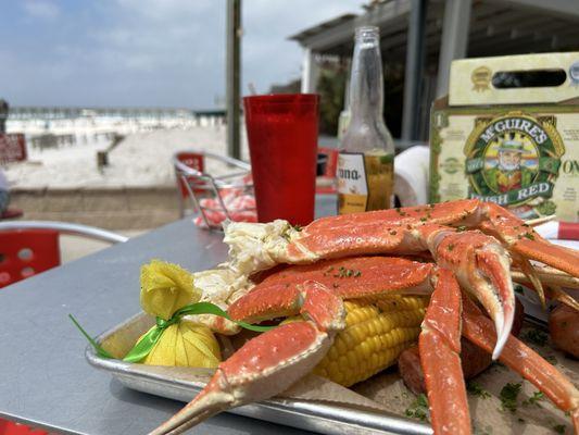 Snow crabs, sausage, red skin potatoes, corn on the cob and a cold corona