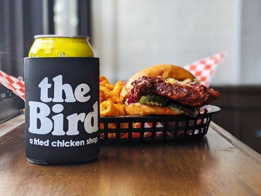 The Happier Meal - our signature sandwich with fries, a beer, and a souvenir koozie