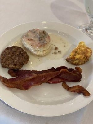 Sausage, bacon, biscuits and gravy, quiche