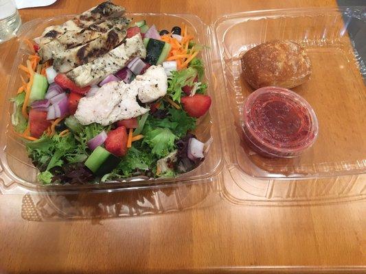 Custom salad & ciabatta roll ($6) with added grilled chicken (+$2)