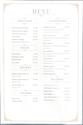 Casablanca food menu