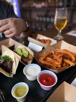 Cajun Fries, Carnitas,  Avocado Fish,  Fried Cauliflower Florets