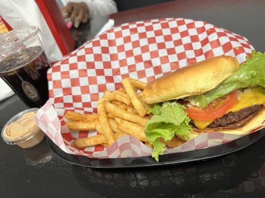 Where Art Though burger, fries with the house sauce and a black cherry soda.