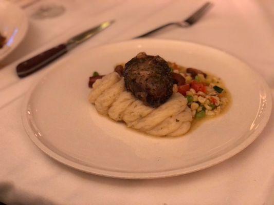 Bison shoulder with mash potatoes and corn mix veggies