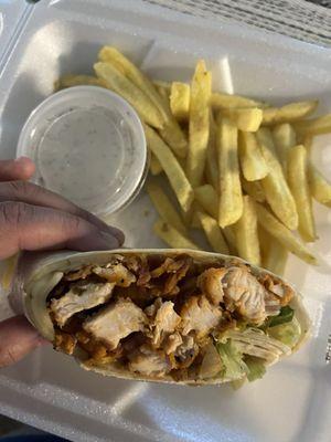 Buffalo chicken wrap with fries and blue cheese