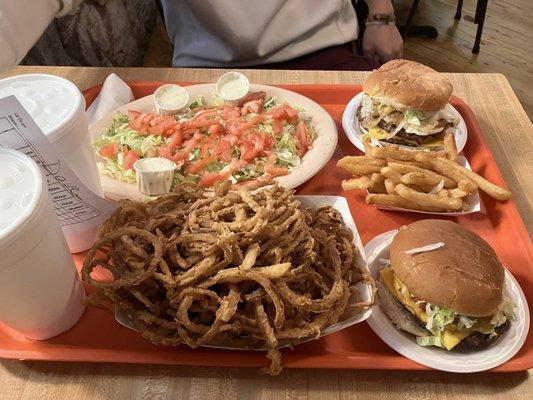 Burgers, Large Onion Rings, Small Fries, Lettuce and Tomato Salad