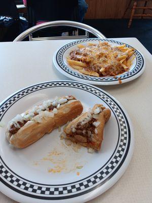 1 1/2 original coneys with mustard, onion, and coney sauce and a side of chili cheese fries. The missing half coney was in my belly.